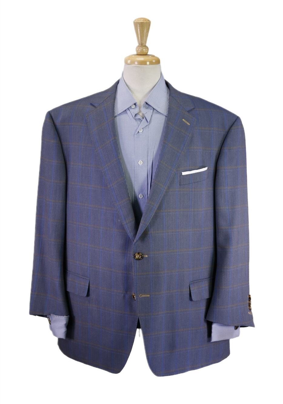 Custom Tailored Bespoke Blue Gray Windowpane 2-Btn Wool Sportcoat Blazer 50R